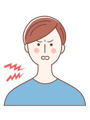 an annoyed brown-haired man in blue.