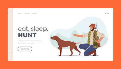 Hunter with Rifle and Dog Hunting in Forest Landing Page Template. Summertime Hobby, Sport or Outdoor Activity