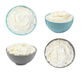 Tasty fresh cream cheese on white background