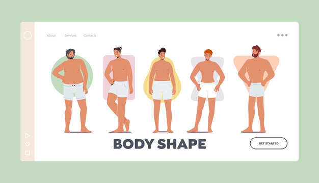 Body Shape Landing Page Template. Men Body Figure Types, Handsome Persons Posing. Male Characters Hourglass, Triangle