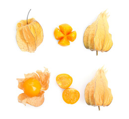 Set with tasty ripe physalis fruits on white background, top view