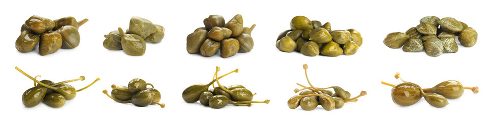 Set with pickled capers on white background. Banner design