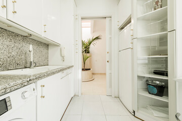 Kitchen with white furniture and appliances, granite countertop and wall with access to a hall with plants