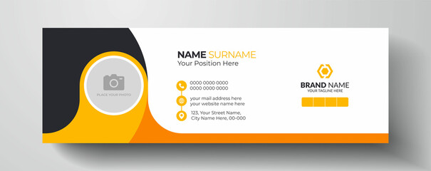 Yellow and dark black color modern email signature  |  Personal social media cover design with photo place and contact info
