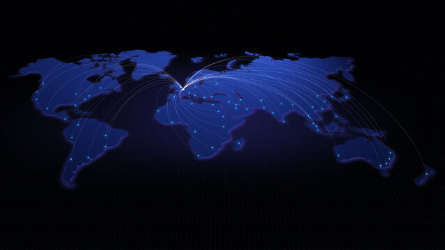 Global connectivity from Paris, France to other major cities around the world. Technology and network connection, trading and traveling concept. World map element furnished by NASA