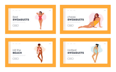 Woman Posing in Swimsuits Landing Page Template Set. Young Sexy Female Characters Wear Bikini and One-piece Swimwear