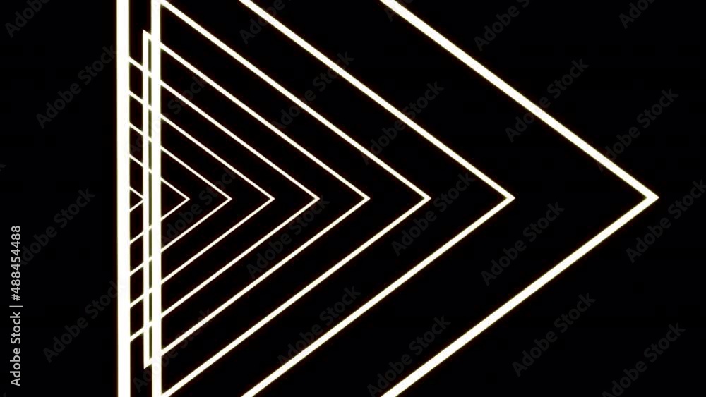 Poster animation of 3d tunnel of white triangle silhouettes following one by one. design. neon glowing geom