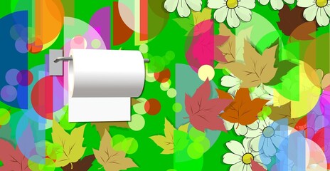 Roll of toilet paper and holder. White DAISIES and Multicolored LEAVES. FANTASIA. 3D Illustration. ABSTRACT GEOMETRIC SHAPES. Aesthetic WALLPAPER ideas.