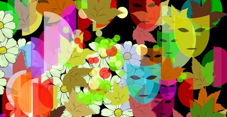 MASK. Theater symbol, old comedy. DAISIES and Multicolored LEAVES. FANTASIA. ILLUSTRATION. Amiable ABSTRACT GEOMETRIC SHAPES. Multicolor figures. Aesthetic WALLPAPER ideas. Background design image.