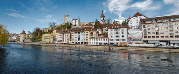 Fototapeta na wymiar Panoramic view of Luzern Skyline with Reuss River and Musegg Wall (Museggmauer) - Lucerne, Switzerland