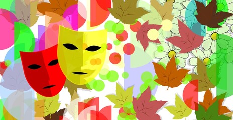 MASK, DAISIES and Multicolored LEAVES. Theater, old comedy. FANTASIA. Creative ILLUSTRATION. Amiable ABSTRACT GEOMETRIC SHAPES. Multicolor figures. Aesthetic WALLPAPER ideas. Background design image.