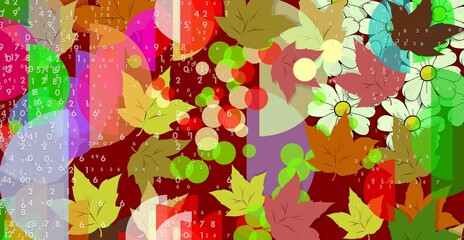 Crowd of random numbers. DAISIES and Multicolored LEAVES. FANTASIA. Amiable ABSTRACT GEOMETRIC SHAPES. Multicolor figures. Aesthetic WALLPAPER ideas. Background design image. Creative ILLUSTRATION.