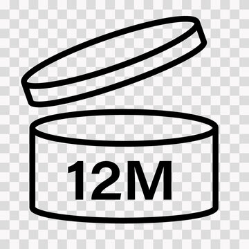 PAO cosmetic icon, mark of period after opening. Expiration time after package opened, outline label. 12 month expirity on transparent background, vector illustration