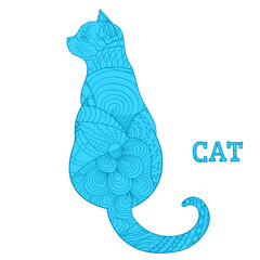 Cat on white. Hand drawn mosaic animal with tiled patterns on isolation background. Design for spiritual relaxation for adults. Doodle for banners, posters, t-shirts and textiles