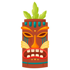 Tiki mask tribal. Hawaiian totem or african maya aztec wooden idol isolated on white background. Ethnic ritual head, polynesian statue, cartoon style vector