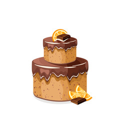 Pyszny tort z czekoladową polewą i pomarańczami. Ciasto urodzinowe - piętrowe. Wektorowa ilustracja. Słodkie jedzenie, kolorowy pyszny deser na przyjęcie.