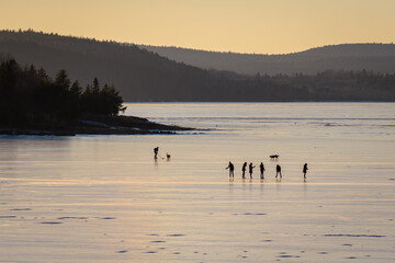 Naklejka premium Group of Young People Skating on Frozen River at Sunset