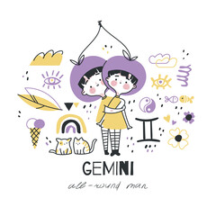 Gemini zodiac sign illustration. Astrological horoscope symbol character for kids. Colorful card with graphic elements for design. Hand drawn vector in cartoon style with lettering