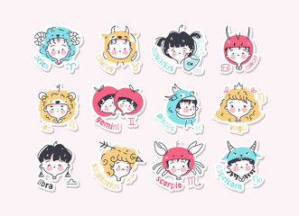 Set of zodiac signs stickers. Comic faces of characters of astrological horoscope symbols. Collection of cute pictures with heads of girls and boys. Hand drawn vector illustration in cartoon style