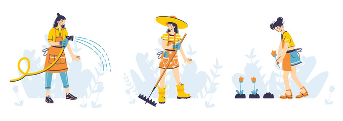 Set of illustrations of people working in the garden or farm. Young women takes care of plants and vegetables. Hand drawn cartoon style. Gardening concept. Vector