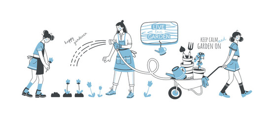 Set of illustrations of people working in the garden or farm. Young women takes care of plants and vegetables. Hand drawn cartoon style. Gardening concept. Vector
