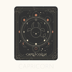 Zodiac sign Capricorn card. Astrological horoscope symbol with moon phases. Graphic gold icon on a black background. Vector line art illustration