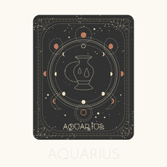 Aquarius zodiac sign card. Astrological horoscope symbol with moon phases. Graphic gold icon on a black background. Vector line art illustration