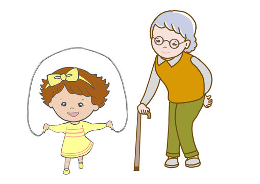 共稼ぎの両親が子供と一緒に居るれないので、お婆さんが縄跳びで遊ぶ孫の子守をしているカラーイラスト