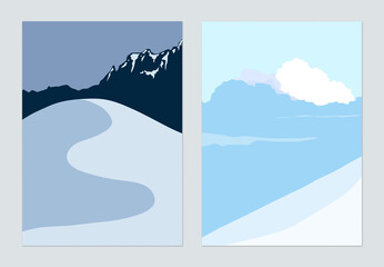 Minimalist landscape poster design, snow mountains and sky