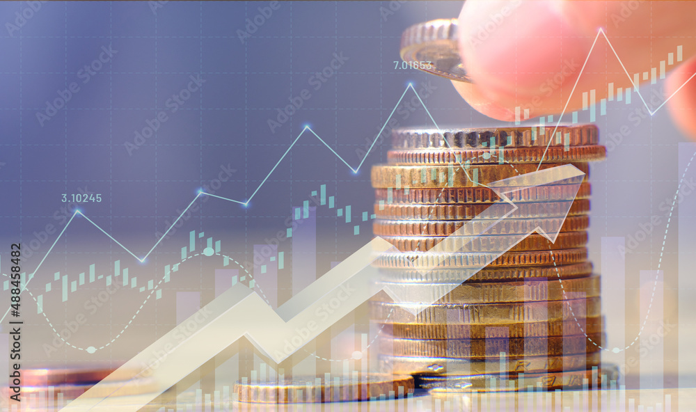 Poster double exposure businessman analyzes sales data and an economic growth graph chart on a computer. bu