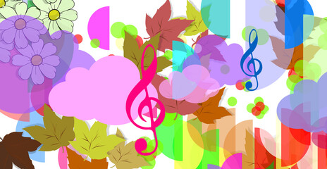 MUSICAL SYMBOL. The treble G clef. Key signature. Banner of music, writing sign. 3D Illustration. White DAISIES and Multicolored LEAVES. FANTASIA. ABSTRACT GEOMETRIC SHAPES. Aesthetic WALLPAPER ideas.