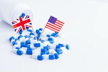 Tablets and flag of britain and united states. Import of tablets to the USA.