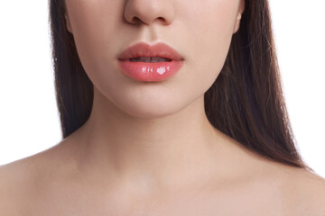 Closeup view of woman with beautiful full lips on white background