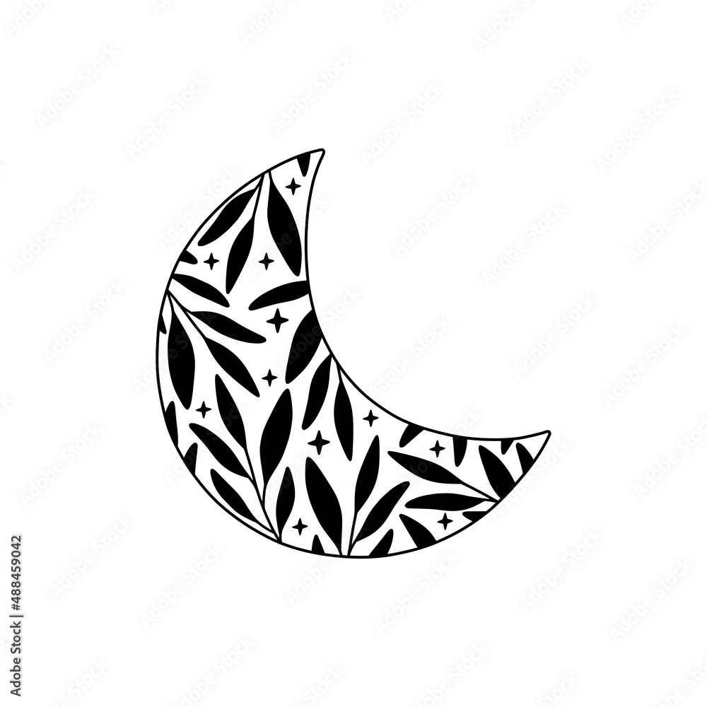 Wall mural Floral moon vector illustration. Boho poster. Celestial t shirt print. Contemporary art black crescent luna silhouette with leaves on white background. For card decoration, modern logo.