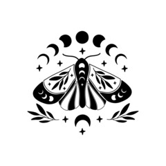 Celestial butterfly vector illustration. Mystical moon moth with moon phases. Boho magic insect on white background. Template for modern poster, card, t shirt print, trendy tattoo. - obrazy, fototapety, plakaty