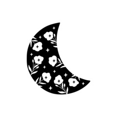 Floral moon vector illustration. Boho poster. Celestial t shirt print. Contemporary art with black crescent luna silhouette, flower, leaves on white background. For card decoration, modern logo.