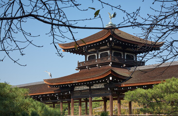 Pavilion of Taihei-kaku (Hashidono) covered bridge in the garden of Heian-jingu Shrine. Kyoto. Japan