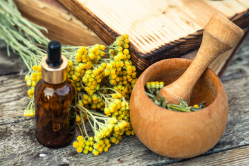 immortelle ,Curry Plant, Herb of St. John, Immortelle and botanically, Helichrysum arenarium. near empty glass apothecary bottles for essential oil. Natural cosmetics and beauty concept
