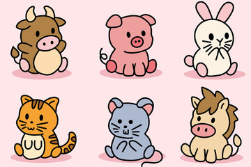 Cute Animal Set Cow, Pig, Rabbit, Cat, Mouse, Horse Line Art cartoon