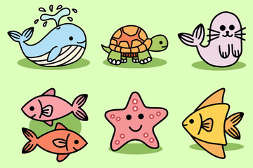 Set Cute Animal Sea Fish Ocean Cartoon Fish, Seals , Starfish, Turtle, Penguin, Fish Collection illustration