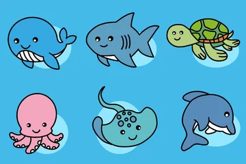 Foto op Canvas Set Cute Animal Sea Fish Ocean Cartoon Wheel, Shark, Turtle, Squid, Stingray, Dolphin Collection illustration © morspective