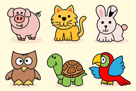 Cute Animal Set Pig, Cat, Rabbit, Owl, Turtle, Bird Line Art cartoon