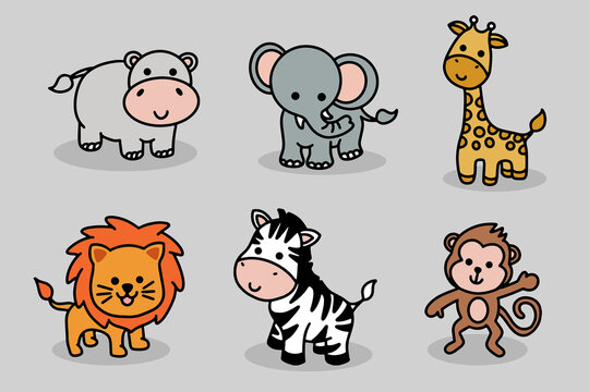 Cute Animal Set Hippo, Elephant, Giraffe, Lion, Zebra, Monkey Line Art cartoon