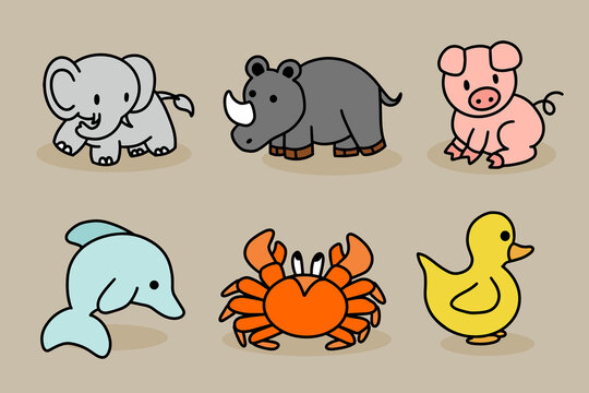 Cute Animal Set Elephant, Elephant, rhinoceros, Pig, Dolphin, Crab, Duck Line Art cartoon