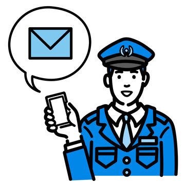 recommend clip art: スマートフォンを持ってメールの説明をしている警察官の男性
                    