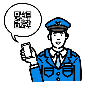 recommend clip art: スマートフォンを持ってQRコードの説明をしている警察官の男性
                    