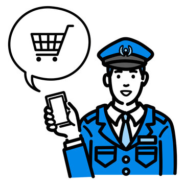 recommend clip art: スマートフォンを持ってショッピングの説明をしている警察官の男性
                    