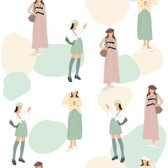 Seamless pattern of people in fashionable outfits. Long dresses, trousers, skirts. Pastel colors, modern illustration. In a flat cartoon style