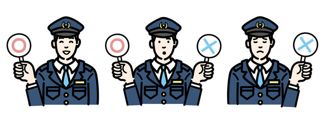 マルバツの札を持っている警察官の男性のセット
