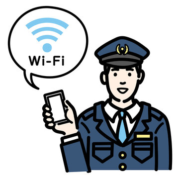スマートフォンを持ってWi-Fiの説明をしている警察官の男性
